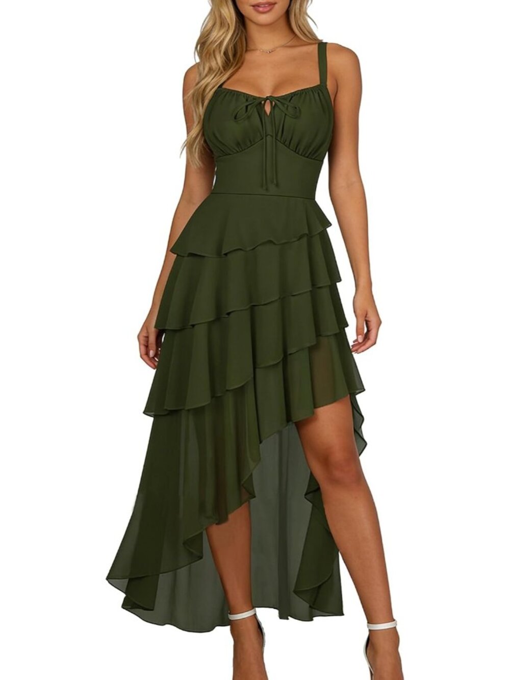Women's Olive Green Hi Low Layer Ruffle Tie Ruched Chiffon Cocktail Maxi Dress